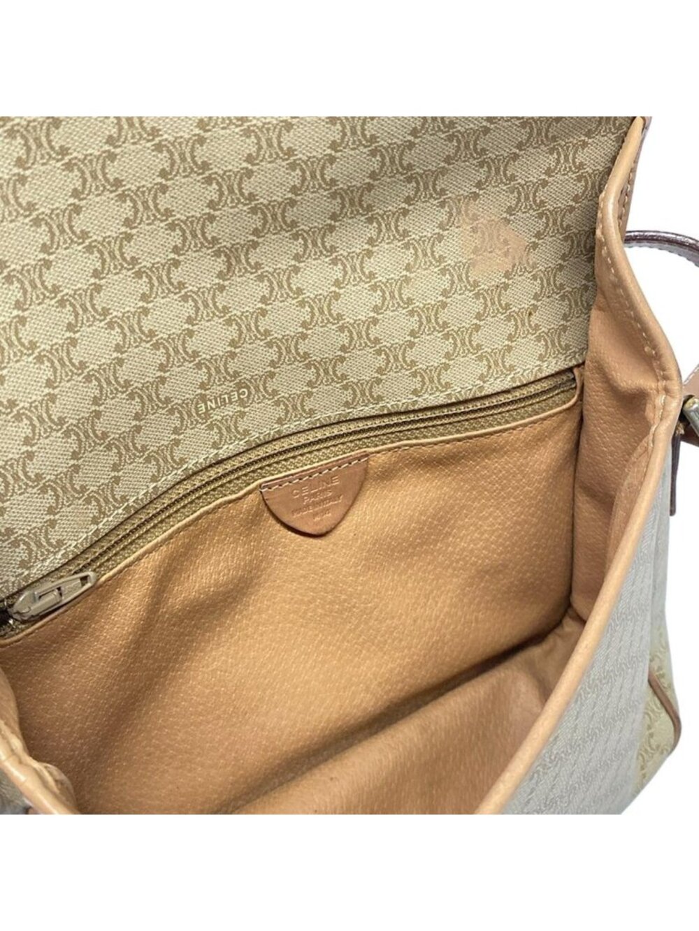 Celine Shoulder Bag Circle Logo Macadam Pattern Khaki Ivory Light Brown Leather - Picture 7 of 11